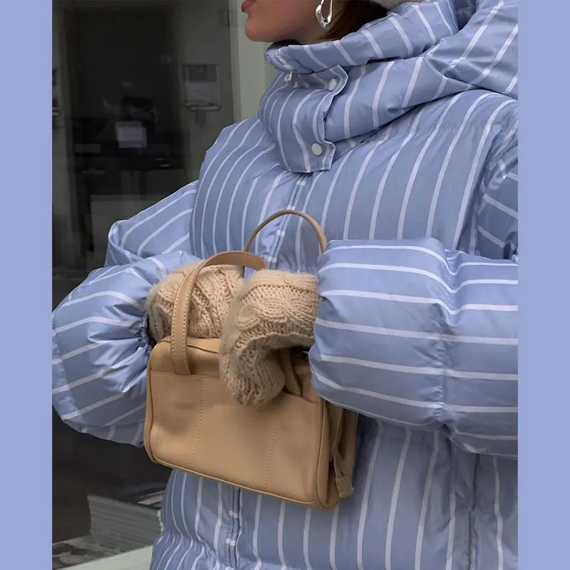 Striped Cotton Women Coat Full Sleeve Hat Lady Jacket 2026 Autumn Winter Quilted Thicken Single Breasted Female Loose Outwear