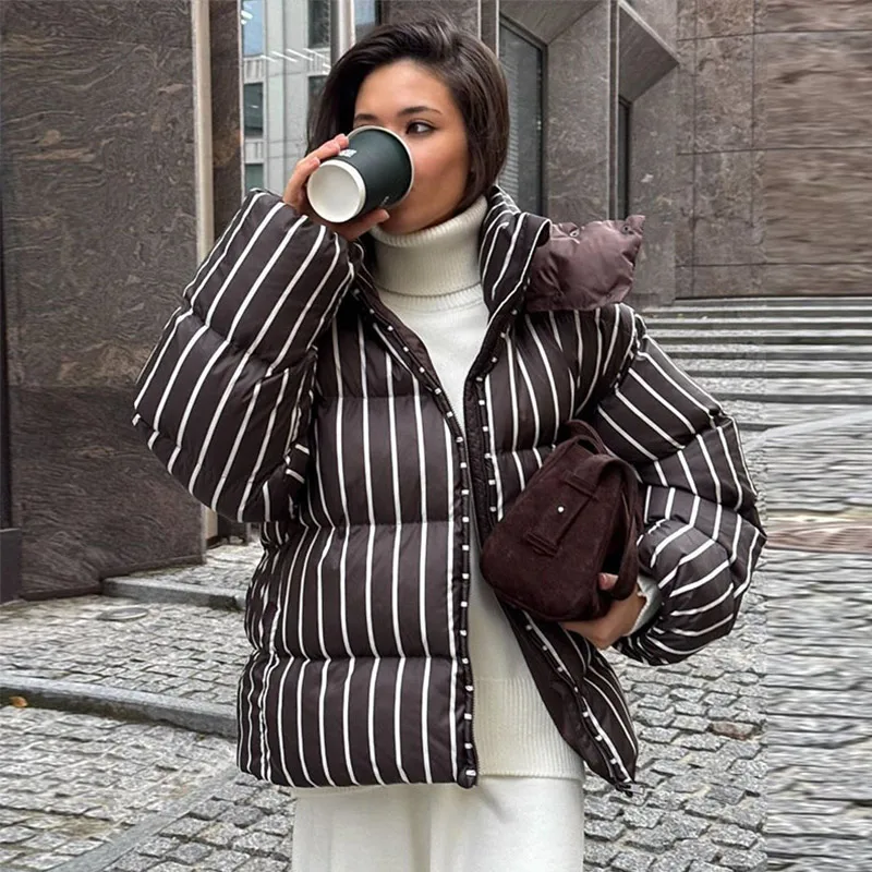Striped Cotton Women Coat Full Sleeve Hat Lady Jacket 2026 Autumn Winter Quilted Thicken Single Breasted Female Loose Outwear
