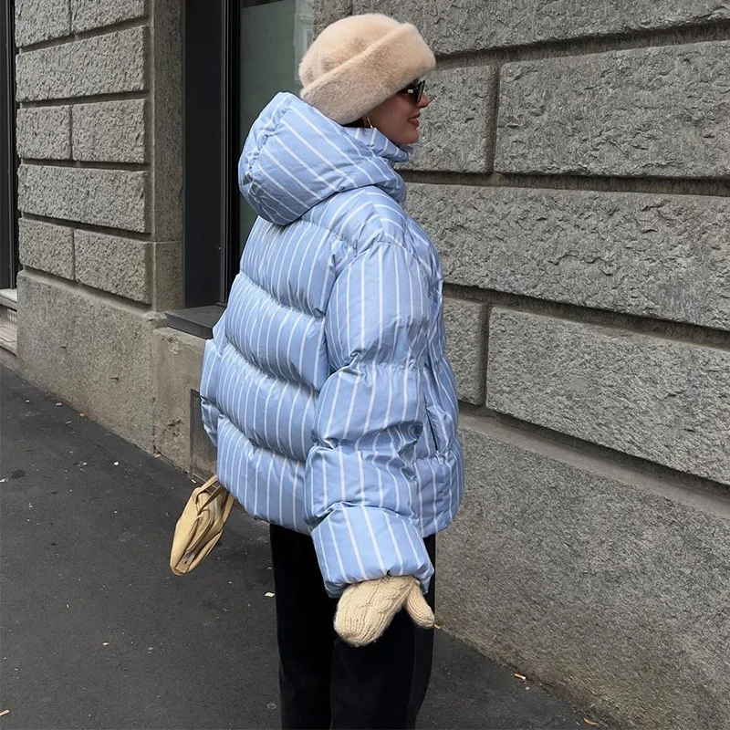 Striped Cotton Women Coat Full Sleeve Hat Lady Jacket 2026 Autumn Winter Quilted Thicken Single Breasted Female Loose Outwear