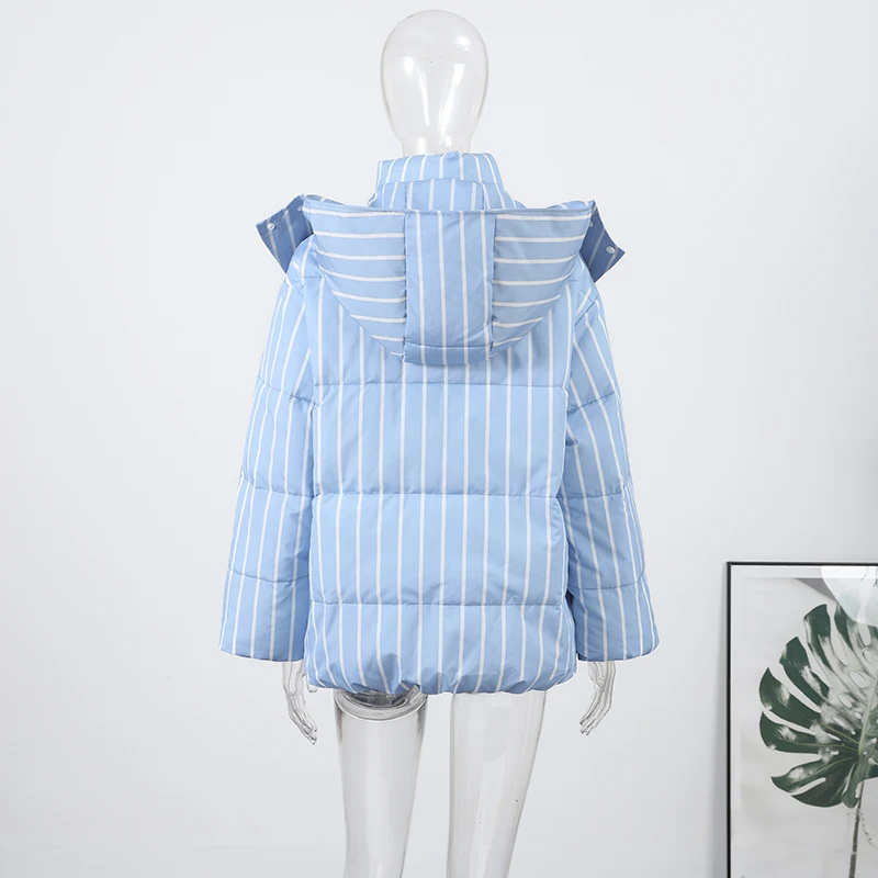 Striped Cotton Women Coat Full Sleeve Hat Lady Jacket 2026 Autumn Winter Quilted Thicken Single Breasted Female Loose Outwear