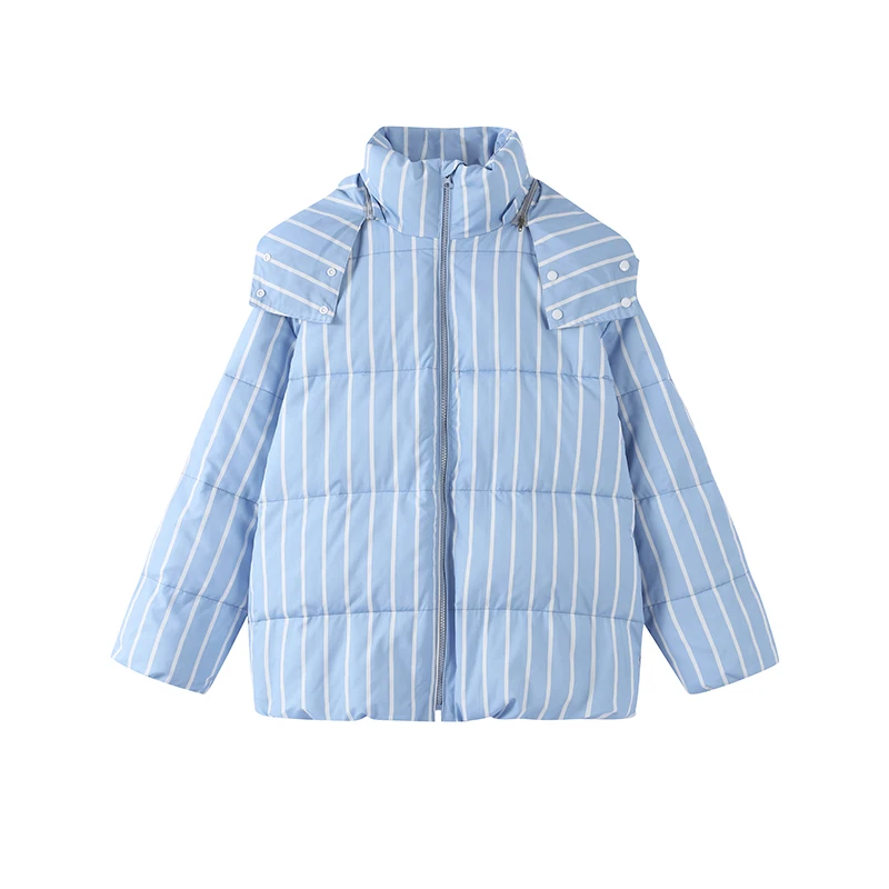 Striped Cotton Women Coat Full Sleeve Hat Lady Jacket 2026 Autumn Winter Quilted Thicken Single Breasted Female Loose Outwear