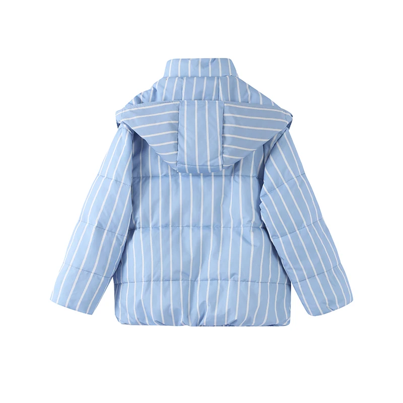 Striped Cotton Women Coat Full Sleeve Hat Lady Jacket 2026 Autumn Winter Quilted Thicken Single Breasted Female Loose Outwear