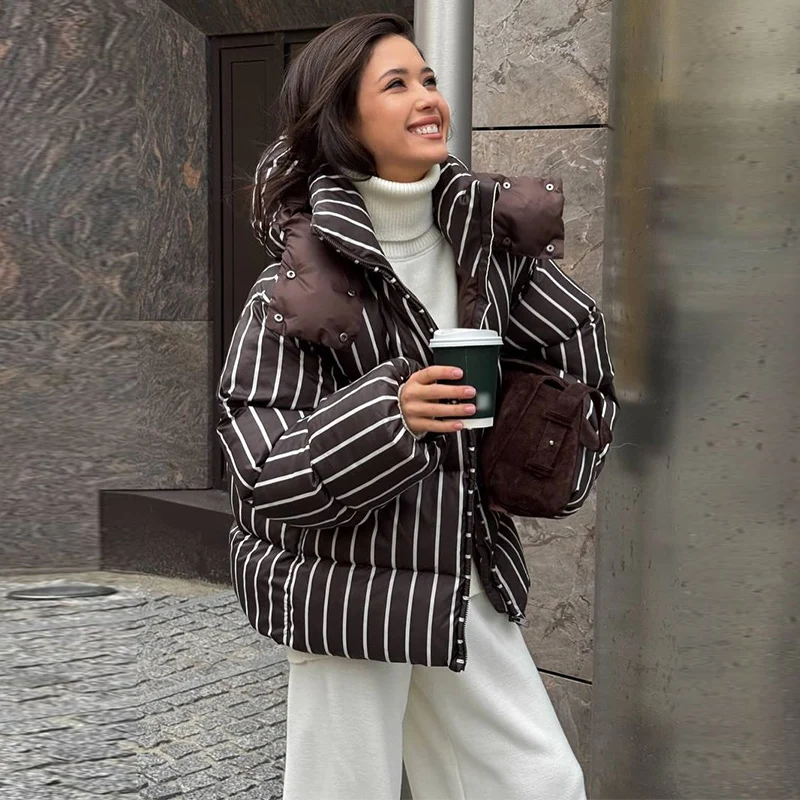 Striped Cotton Women Coat Full Sleeve Hat Lady Jacket 2026 Autumn Winter Quilted Thicken Single Breasted Female Loose Outwear