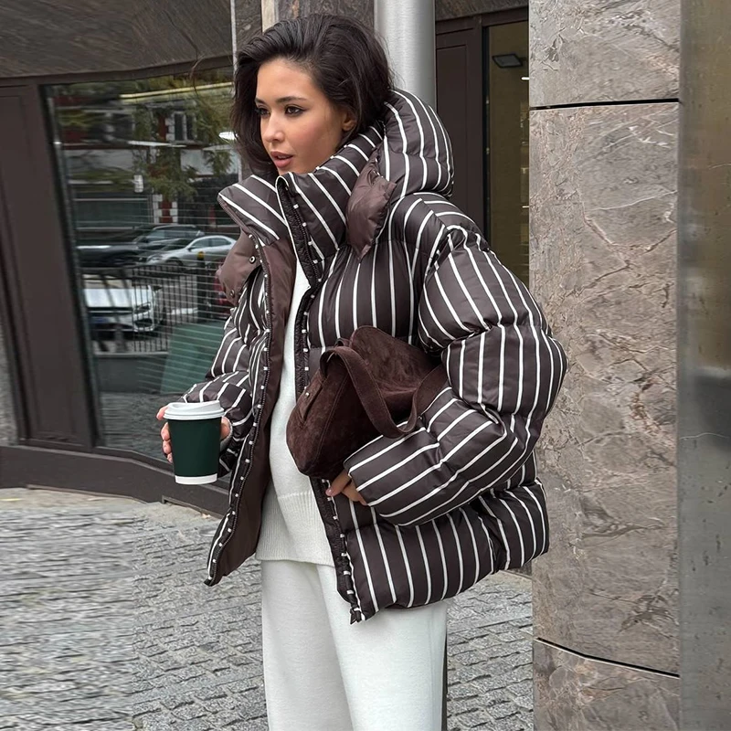 Striped Cotton Women Coat Full Sleeve Hat Lady Jacket 2026 Autumn Winter Quilted Thicken Single Breasted Female Loose Outwear