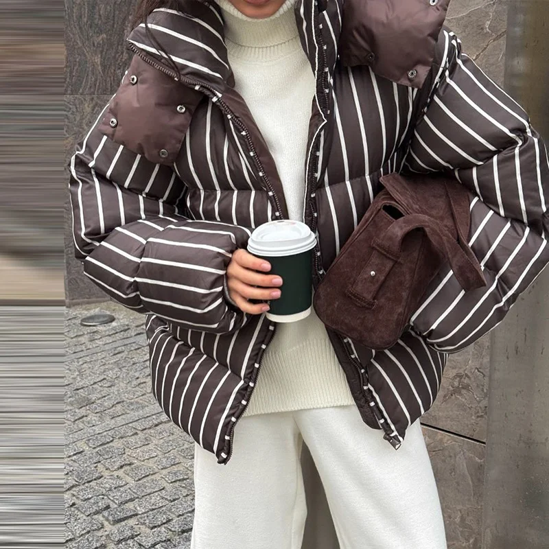 Striped Cotton Women Coat Full Sleeve Hat Lady Jacket 2026 Autumn Winter Quilted Thicken Single Breasted Female Loose Outwear