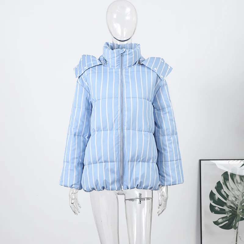Striped Cotton Women Coat Full Sleeve Hat Lady Jacket 2026 Autumn Winter Quilted Thicken Single Breasted Female Loose Outwear