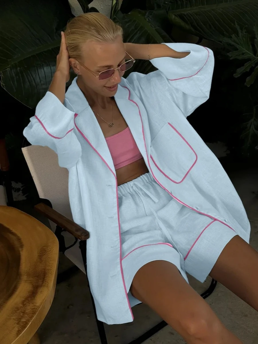 LIinar Fashion Loose Blue Cotton Home Women's Two Pieces Set 2025 Elegant Long Sleeve Shirt with High Waist Shorts Set Female