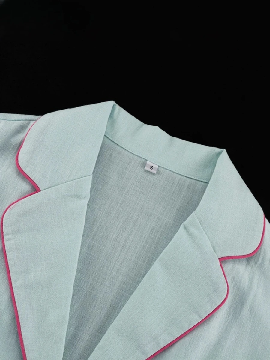 LIinar Fashion Loose Blue Cotton Home Women's Two Pieces Set 2025 Elegant Long Sleeve Shirt with High Waist Shorts Set Female