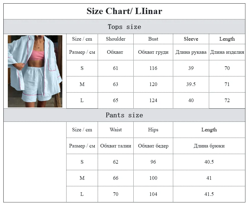 LIinar Fashion Loose Blue Cotton Home Women's Two Pieces Set 2025 Elegant Long Sleeve Shirt with High Waist Shorts Set Female
