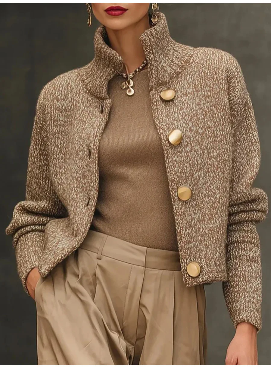 Fashion High Neck Button Knit Cardigan Jacket Women 2025 Autumn Winter Long Sleeve Sweater Coats Casual