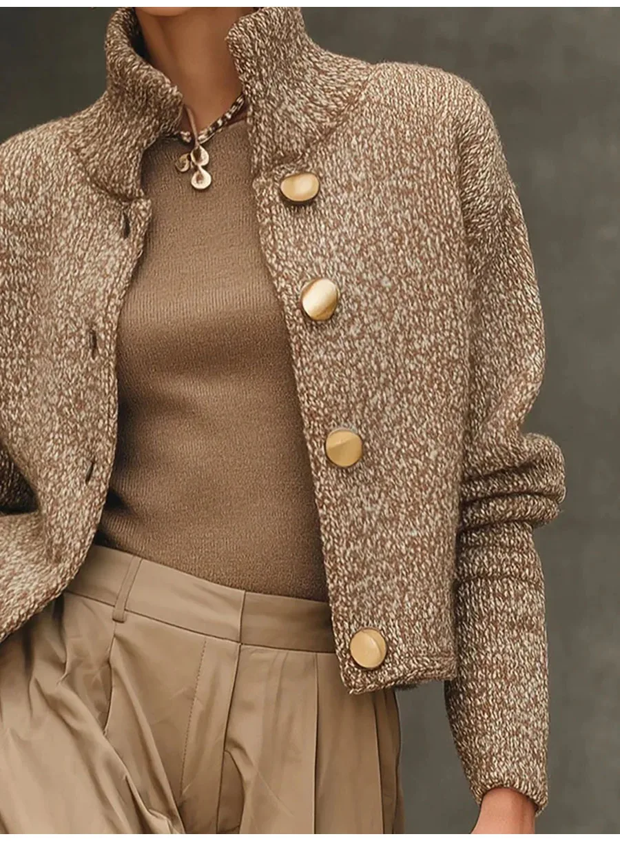 Fashion High Neck Button Knit Cardigan Jacket Women 2025 Autumn Winter Long Sleeve Sweater Coats Casual