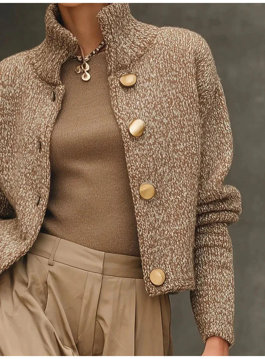 Fashion High Neck Button Knit Cardigan Jacket Women 2025 Autumn Winter Long Sleeve Sweater Coats Casual