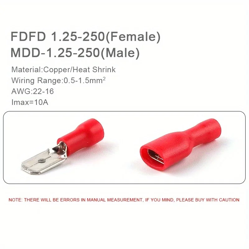 10/25/50 Pair FDD 1.25-250 MDD1.25-250 6.3mm Red Female and Male Insulated Voltage Terminal Connectors