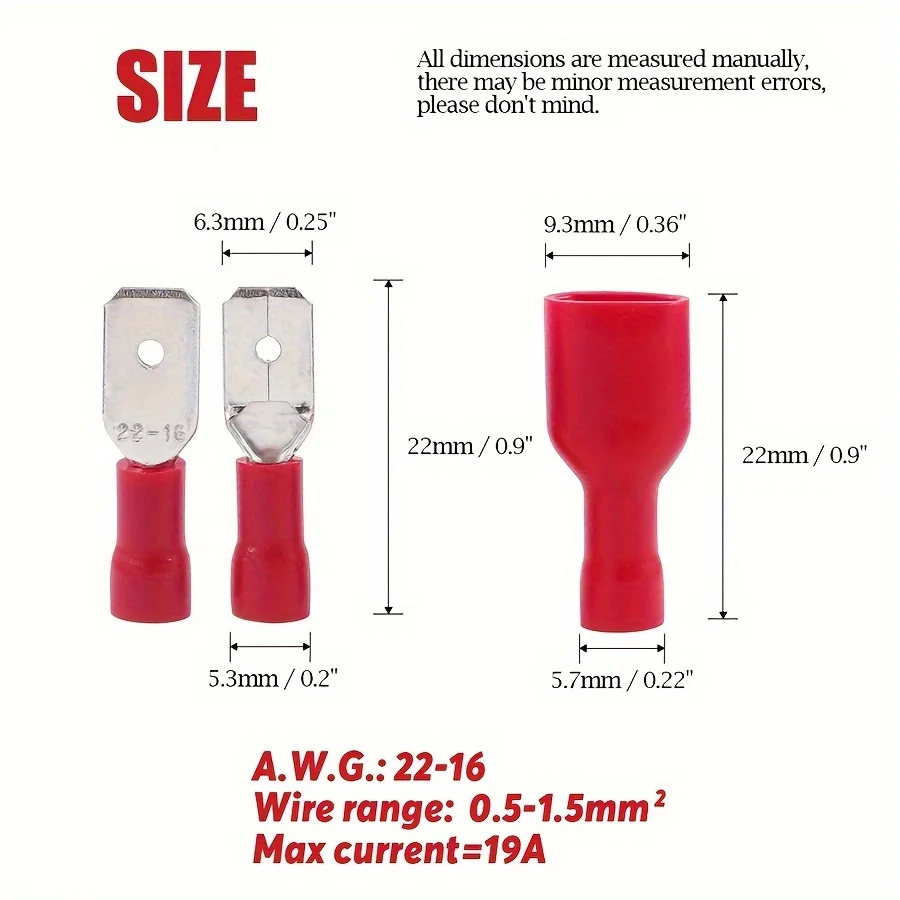 10/25/50 Pair FDD 1.25-250 MDD1.25-250 6.3mm Red Female and Male Insulated Voltage Terminal Connectors