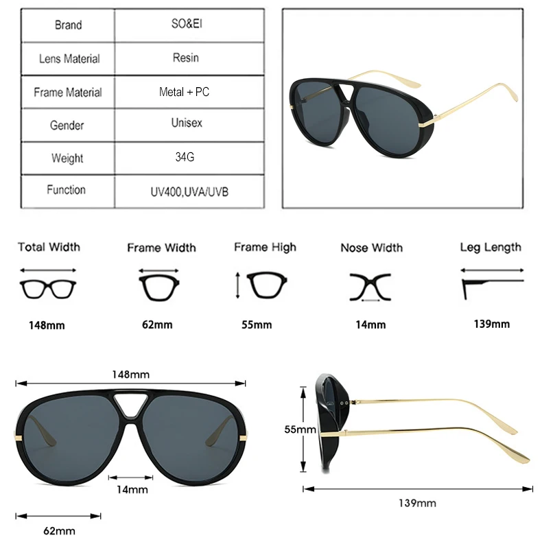 SO&EI Ins Popular Fashion Double Bridges Pilot Women Oversized Sunglasses Retro Candy Color Gradient UV400 Men Punk Sun Glasses