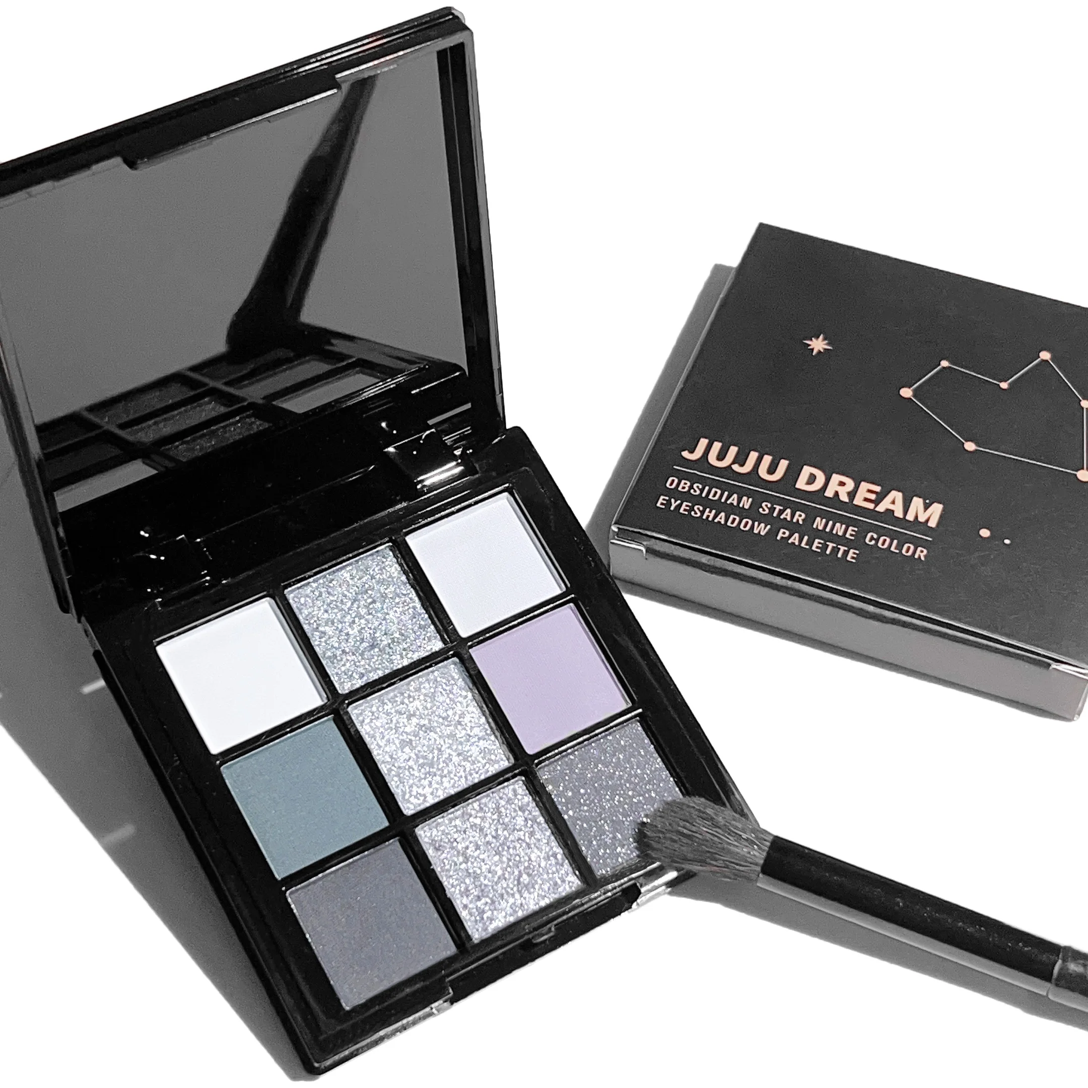 9-shade eyeshadow palette: Black Swan, Smoky, Dark Black, Grey Silver Glitter, Matte Finish, Long-lasting, and easy to color