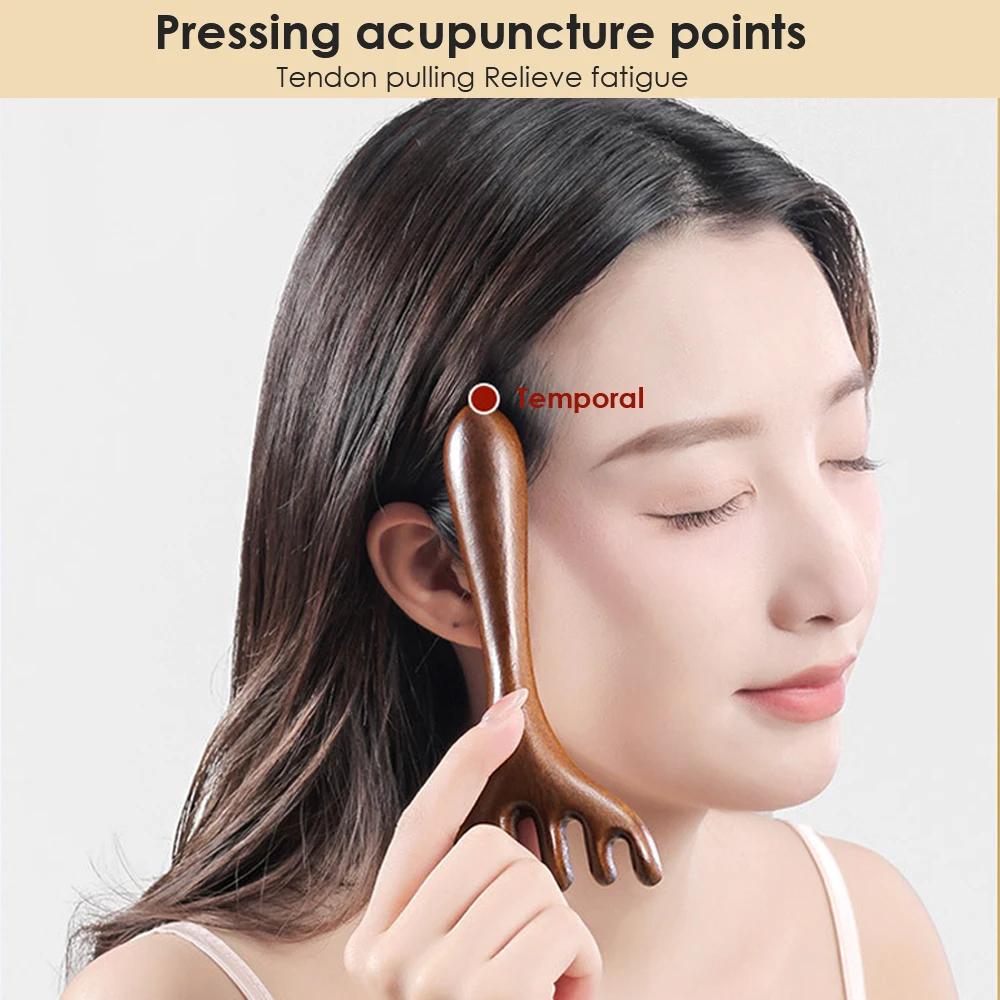 Wooden Meridian Massage Comb Anti-static 6-Claw Head Massager Promote Blood Circulation Body BGua Sha Tool Head Massage Brush
