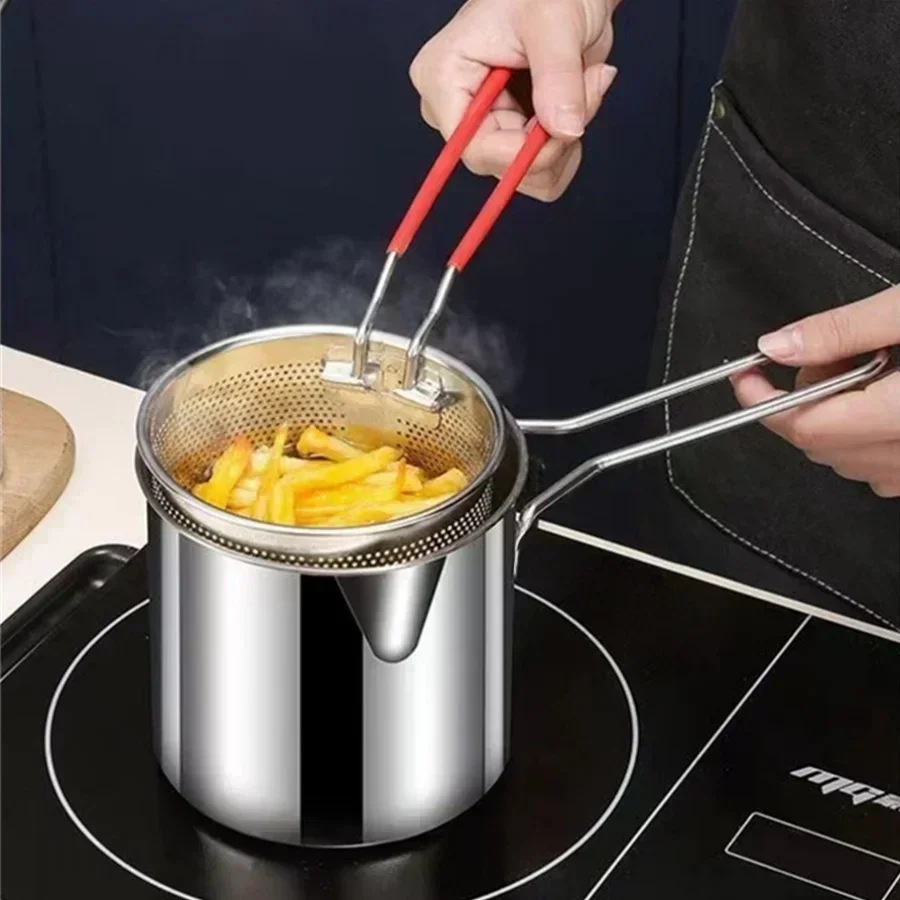 SUS304 Stainless Steel Fryer with French Fries and Chicken Wings, Household Small Oil Pot with Filter Screen, Tianfu Luo Pot