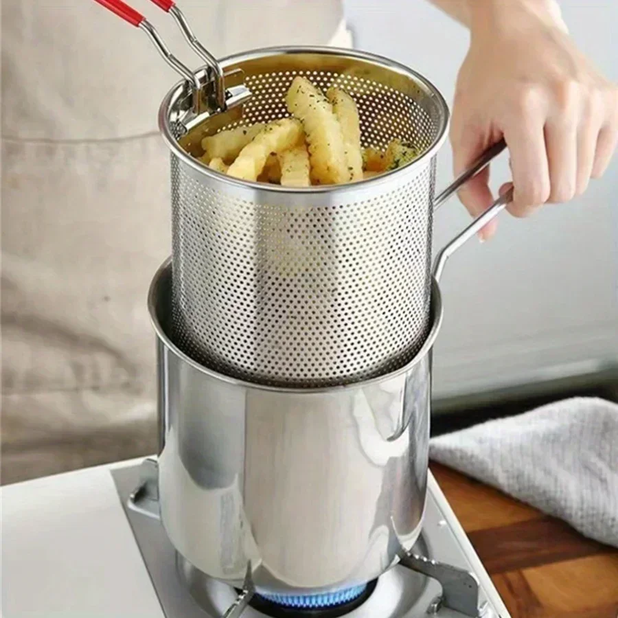 SUS304 Stainless Steel Fryer with French Fries and Chicken Wings, Household Small Oil Pot with Filter Screen, Tianfu Luo Pot
