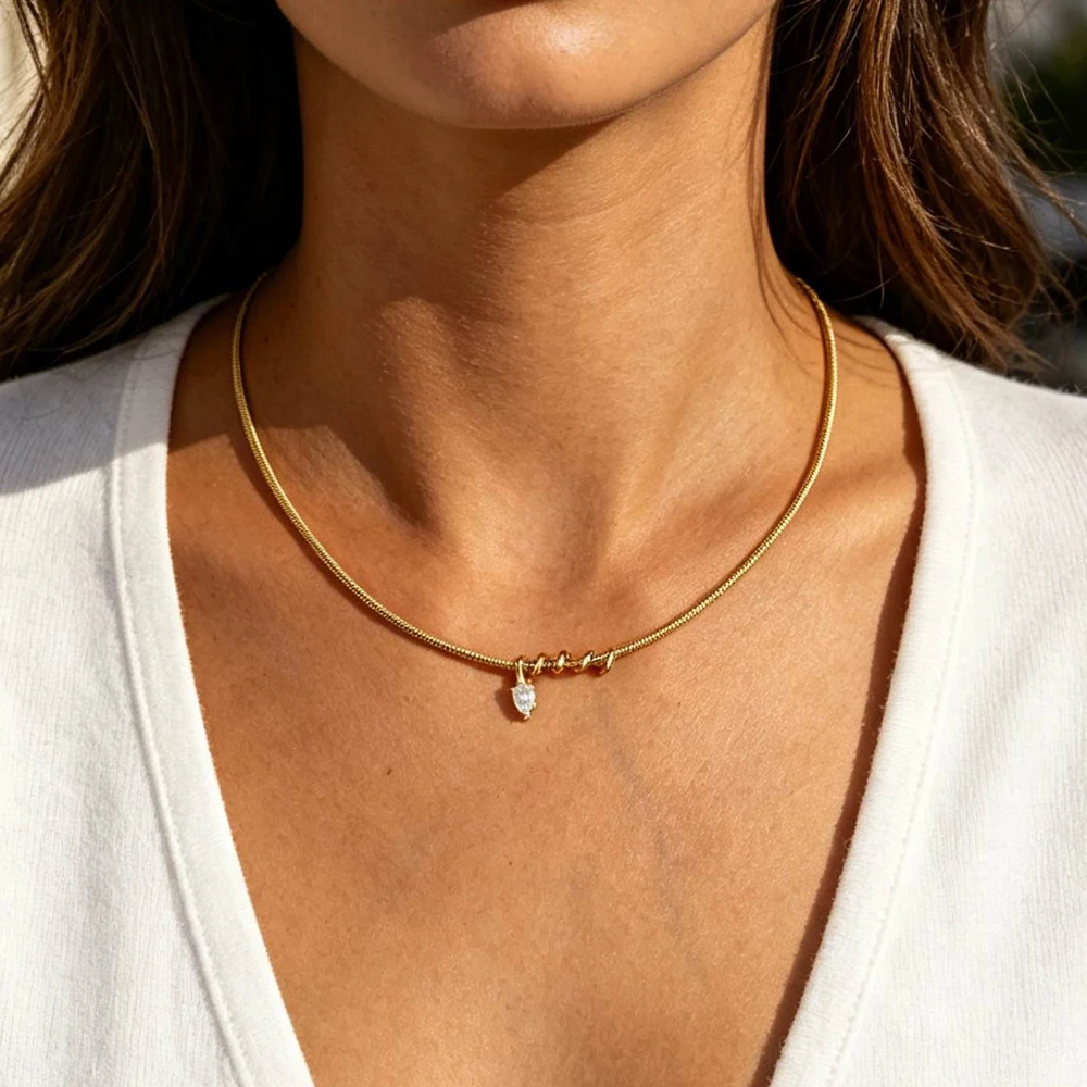 2026 New Fashion Drop Shaped CZ Spiral Snake Chain Necklace For Women Party Special Trendy Jewelry