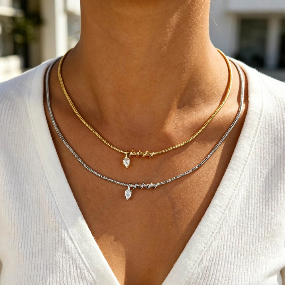 2026 New Fashion Drop Shaped CZ Spiral Snake Chain Necklace For Women Party Special Trendy Jewelry