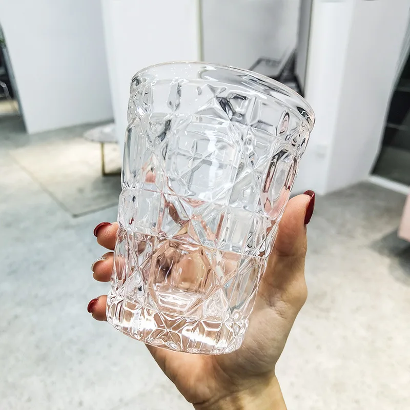 2pcs 310ml Vintage Diamond Patterned Western Wine Glass Cold Drink Water Coffee Cups Household Whiskey Beer Brandy Liquor Mugs