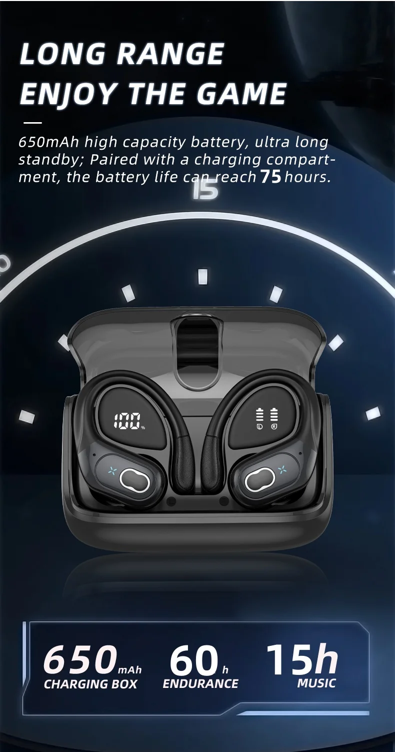 Sports Bluetooth Earphones Waterproof Wireless Headphones 75hrs Music with ENC Noise Cancellation Mic Soft Earhook TWS Earbuds