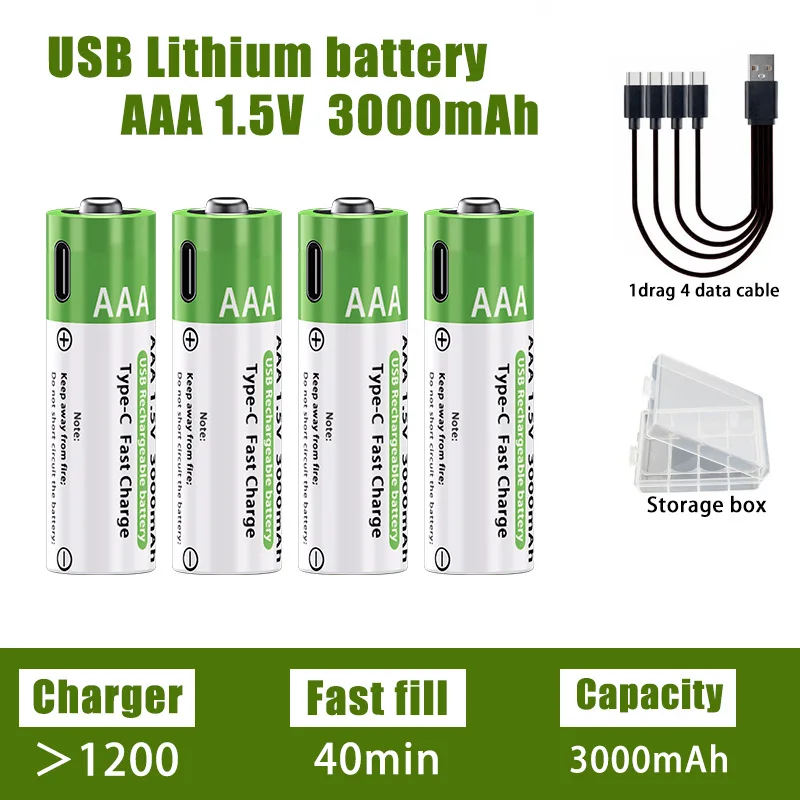 AA/AAA Rechargeable Battery 3000mAh/3800mAh Lithium Battery 1.5V Constant Voltage Fast Charging Type-C For Remote Mouse Toy Ect