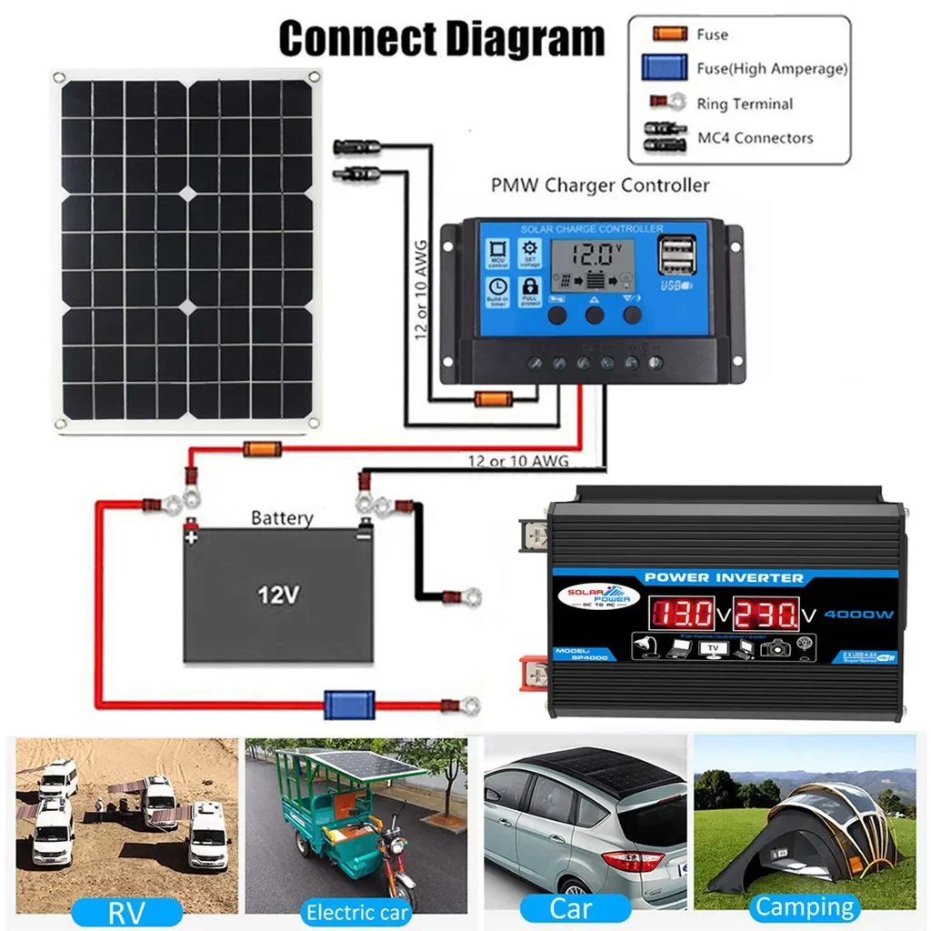 4000W Solar Inverter Kit Complete 12V to 110V/220V Solar Panel System 12V Solar Panel Battery Charge Controller Power Generation