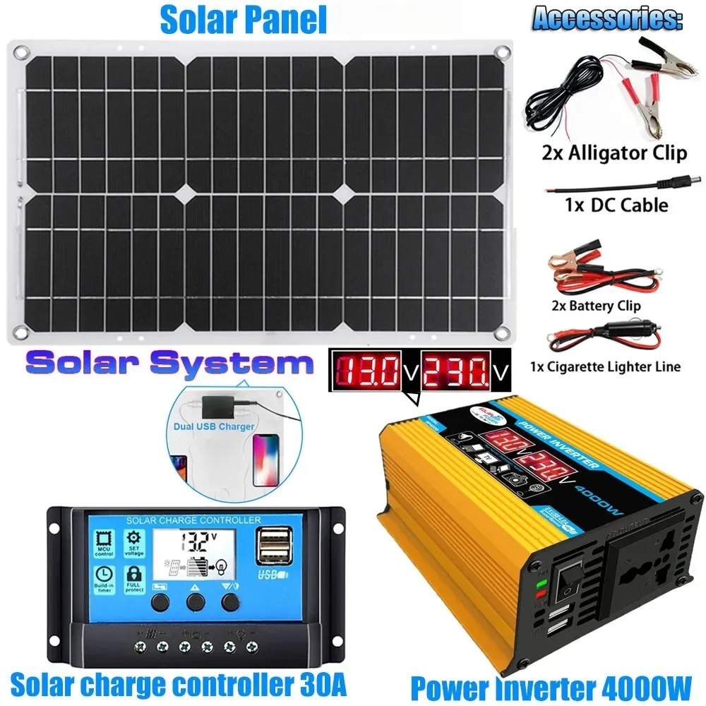 4000W Solar Inverter Kit Complete 12V to 110V/220V Solar Panel System 12V Solar Panel Battery Charge Controller Power Generation