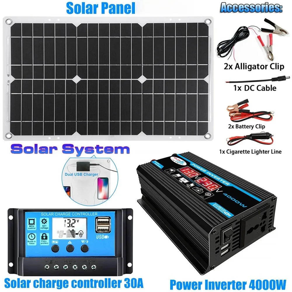 4000W Solar Inverter Kit Complete 12V to 110V/220V Solar Panel System 12V Solar Panel Battery Charge Controller Power Generation