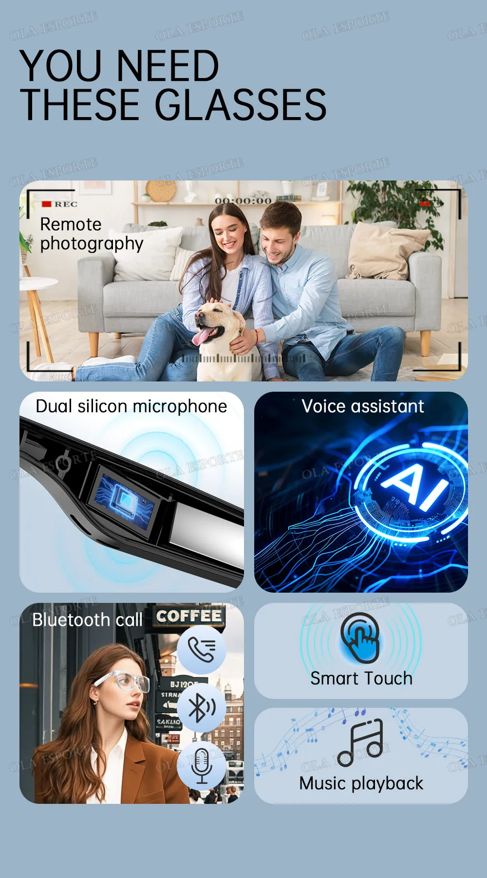 2026 New AI Smart Glasses Photochromic Lenses Bluetooth Call Noise Reduction Music Headphone Microphone Sunglasses for Men Women