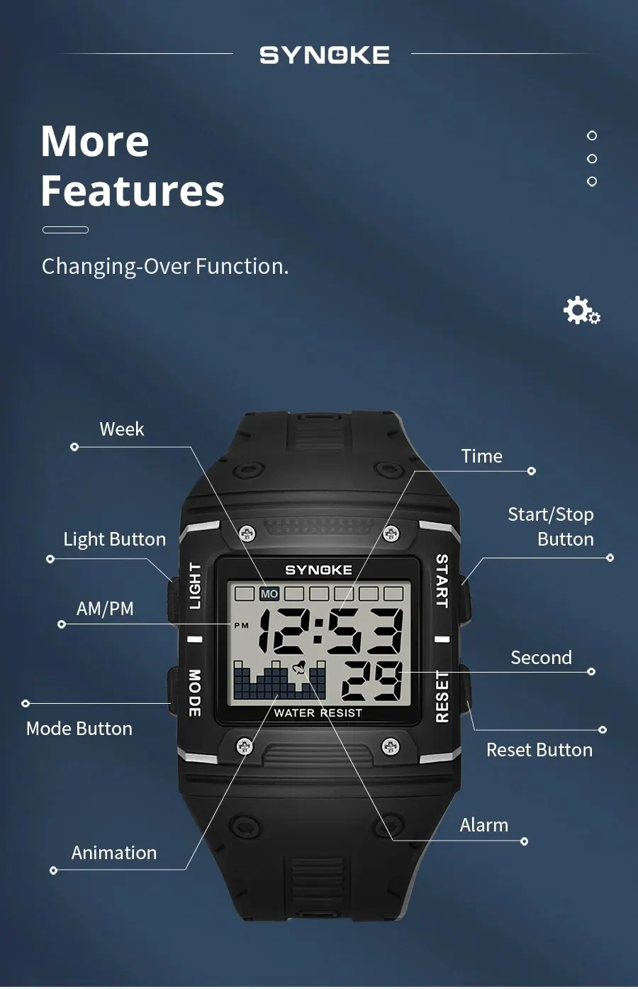 SYNOKE Digital Watch Men Sports Electronic Watch Waterproof Night Glow Large Screen Square Student Watch Outdoor Running Camping