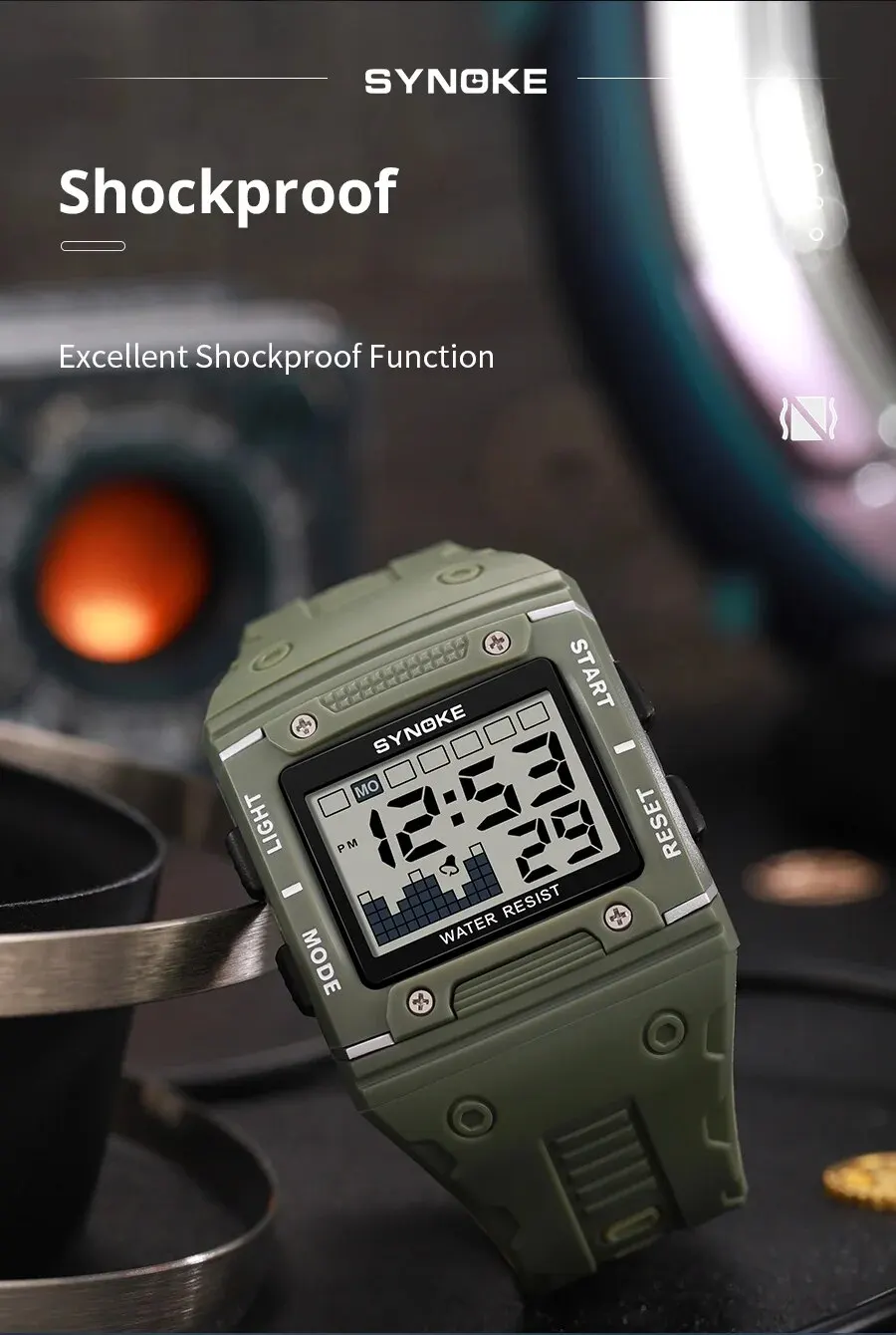 SYNOKE Digital Watch Men Sports Electronic Watch Waterproof Night Glow Large Screen Square Student Watch Outdoor Running Camping