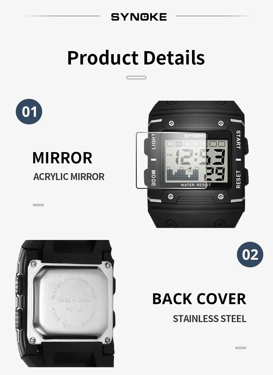 SYNOKE Digital Watch Men Sports Electronic Watch Waterproof Night Glow Large Screen Square Student Watch Outdoor Running Camping
