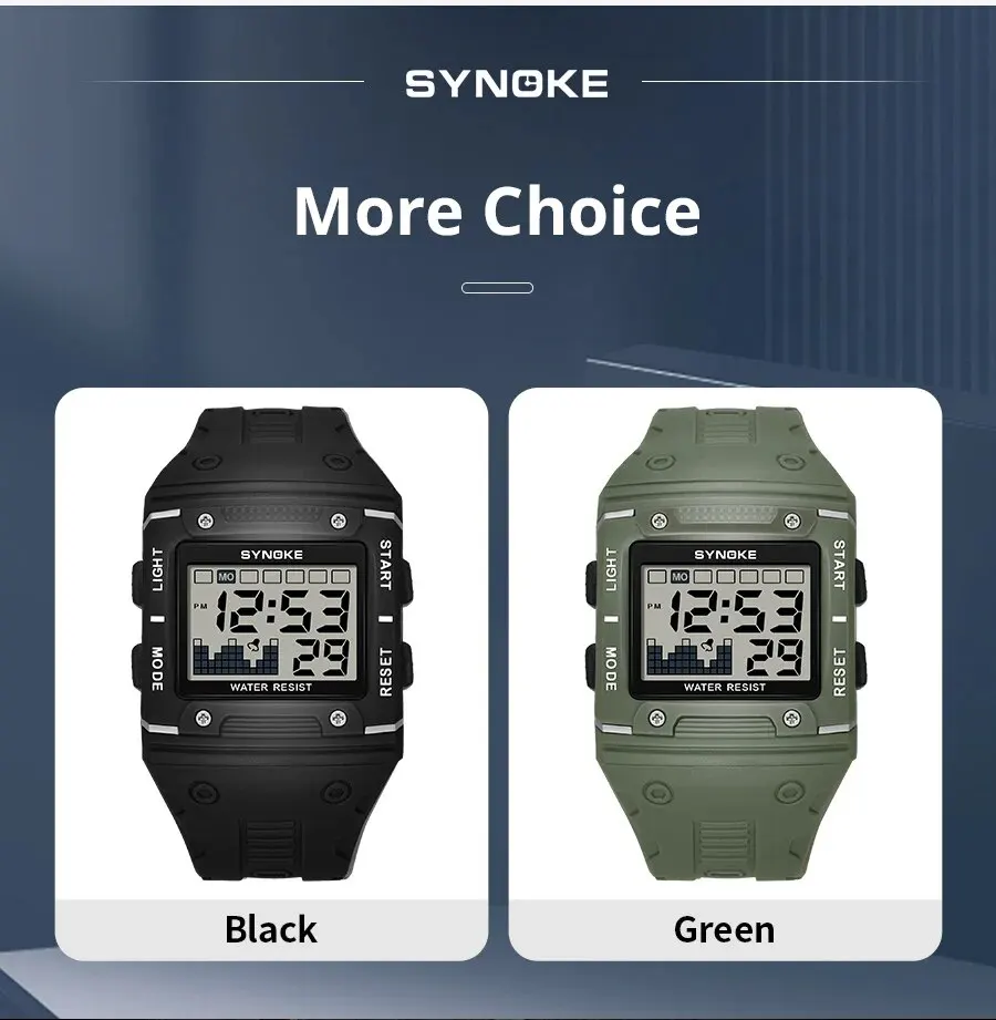 SYNOKE Digital Watch Men Sports Electronic Watch Waterproof Night Glow Large Screen Square Student Watch Outdoor Running Camping