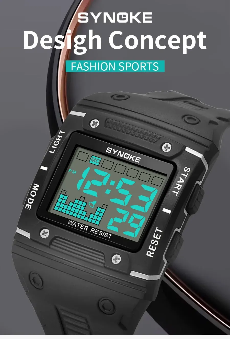 SYNOKE Digital Watch Men Sports Electronic Watch Waterproof Night Glow Large Screen Square Student Watch Outdoor Running Camping