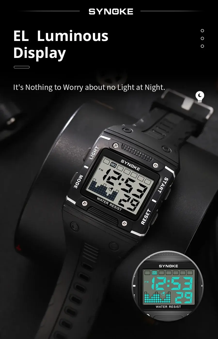 SYNOKE Digital Watch Men Sports Electronic Watch Waterproof Night Glow Large Screen Square Student Watch Outdoor Running Camping