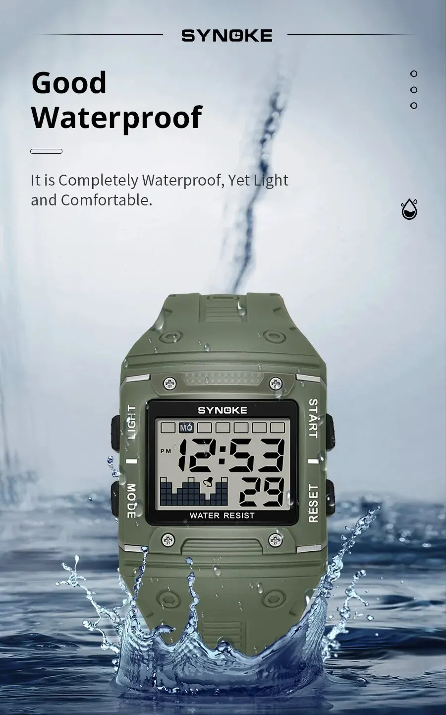 SYNOKE Digital Watch Men Sports Electronic Watch Waterproof Night Glow Large Screen Square Student Watch Outdoor Running Camping