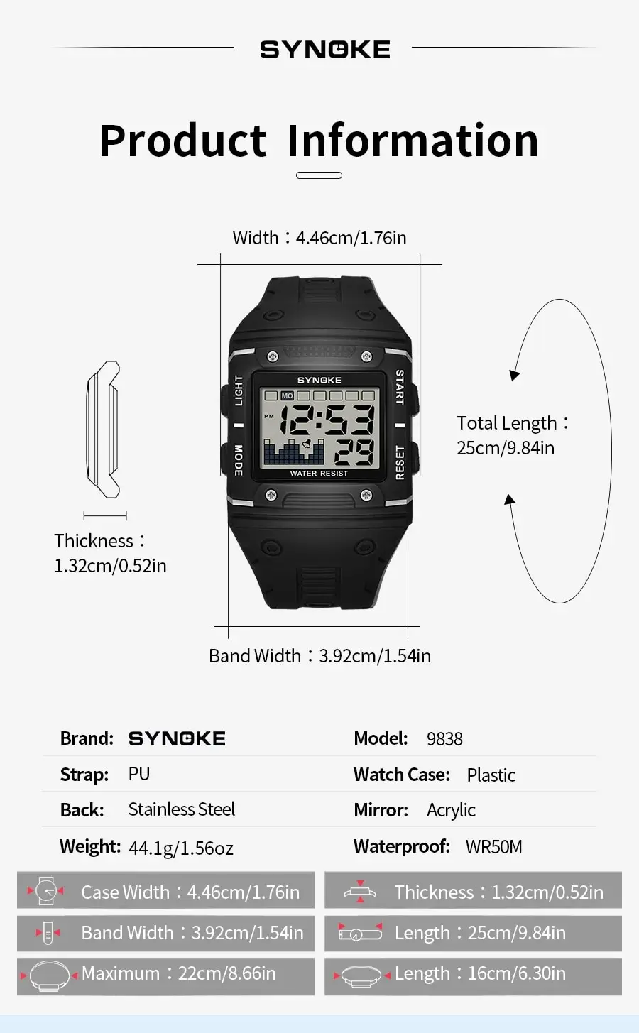 SYNOKE Digital Watch Men Sports Electronic Watch Waterproof Night Glow Large Screen Square Student Watch Outdoor Running Camping