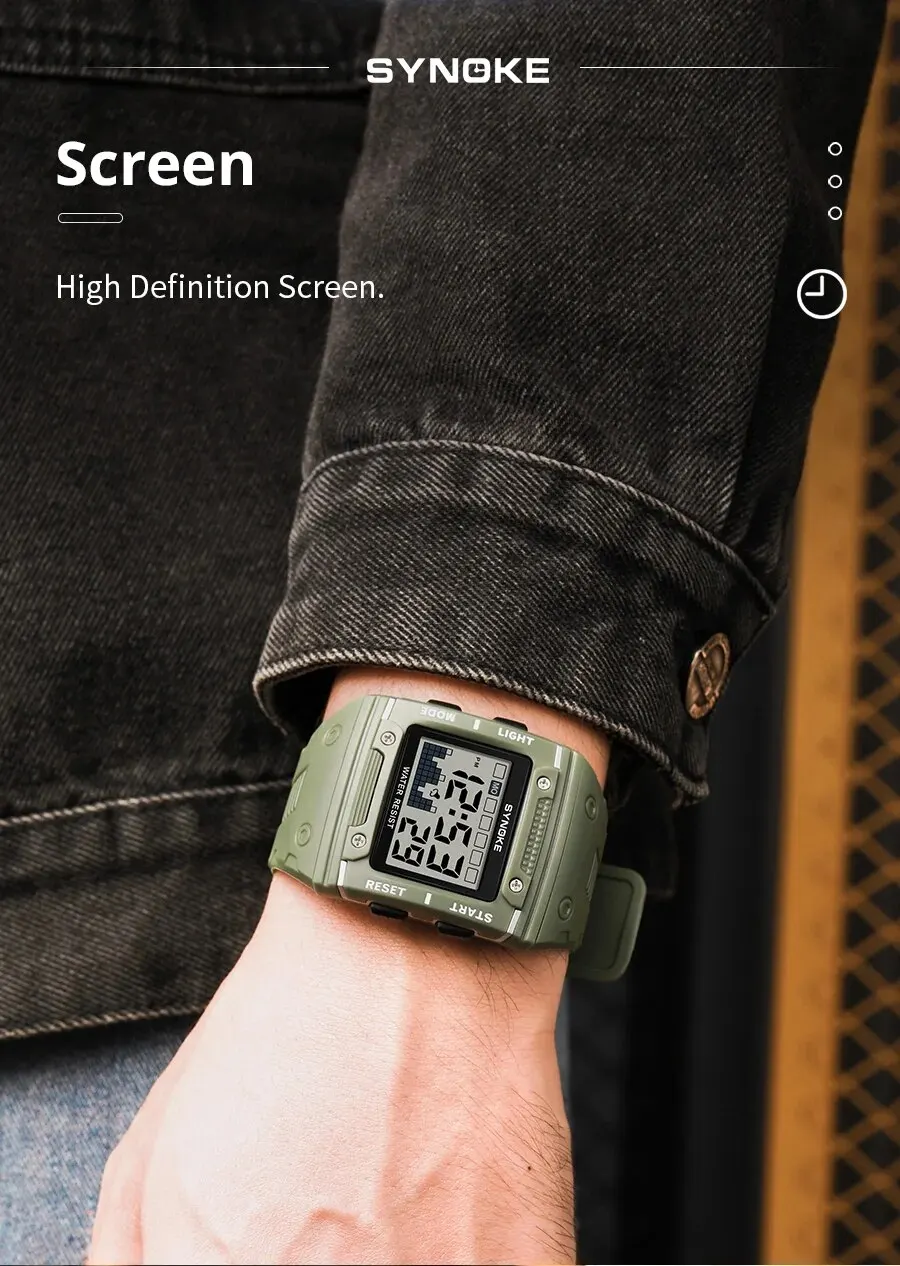 SYNOKE Digital Watch Men Sports Electronic Watch Waterproof Night Glow Large Screen Square Student Watch Outdoor Running Camping