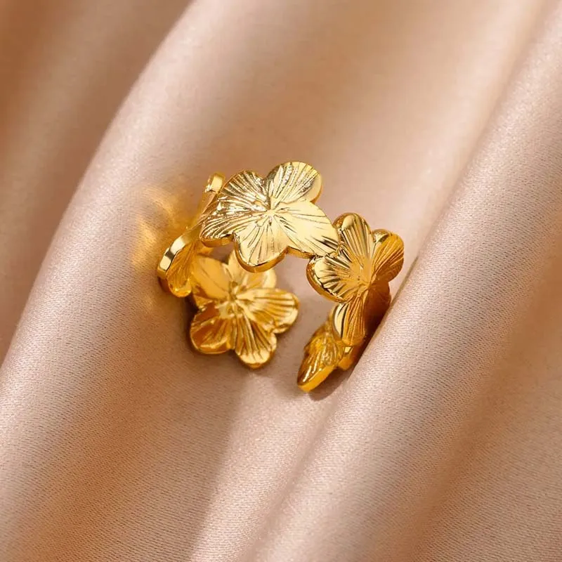 Elegant Stainless Steel Big Bloom Flower Rings For Women 18k Gold PVD Plated Open Ring Finger Jewelry Wedding Her Gift Punk
