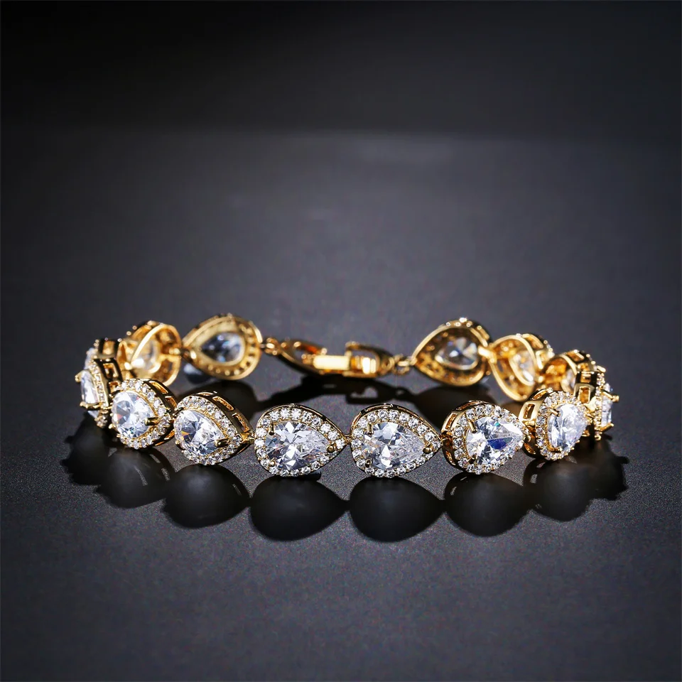 ZAKOL Luxury Geometric Water Drop Zirconia Bracelets for Elegant Women Full Crystal Charm Bracelet Bridal Wedding Jewelry