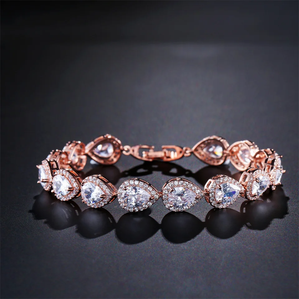 ZAKOL Luxury Geometric Water Drop Zirconia Bracelets for Elegant Women Full Crystal Charm Bracelet Bridal Wedding Jewelry