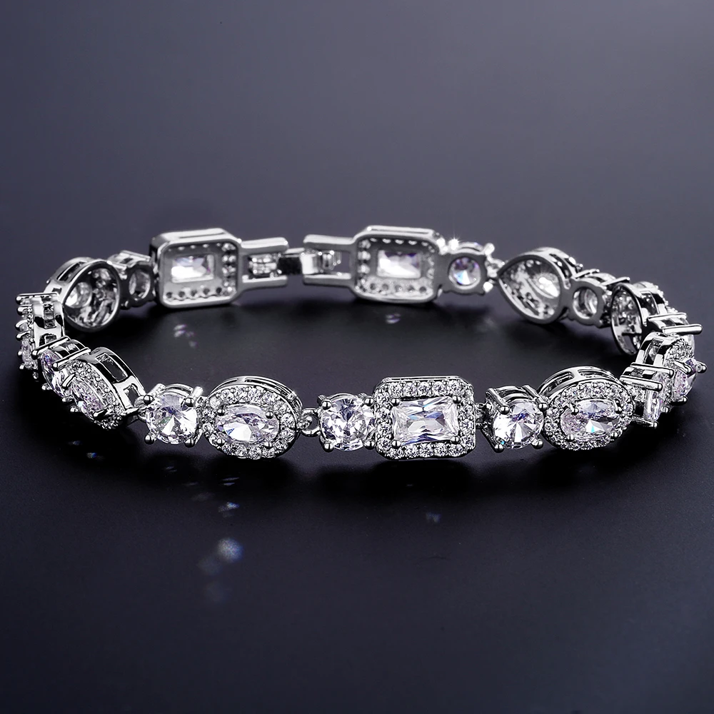 ZAKOL Luxury Geometric Water Drop Zirconia Bracelets for Elegant Women Full Crystal Charm Bracelet Bridal Wedding Jewelry