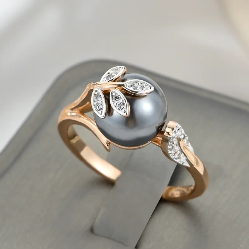Wbmqda Grey Pearl Women's Rings 585 Rose Gold Color Luxury Wedding Zircon Jewelry Gifts