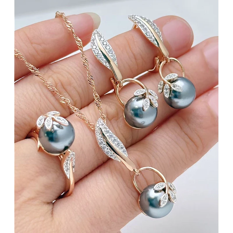 Wbmqda Grey Pearl Women's Rings 585 Rose Gold Color Luxury Wedding Zircon Jewelry Gifts