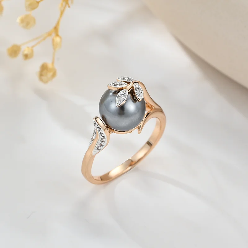 Wbmqda Grey Pearl Women's Rings 585 Rose Gold Color Luxury Wedding Zircon Jewelry Gifts