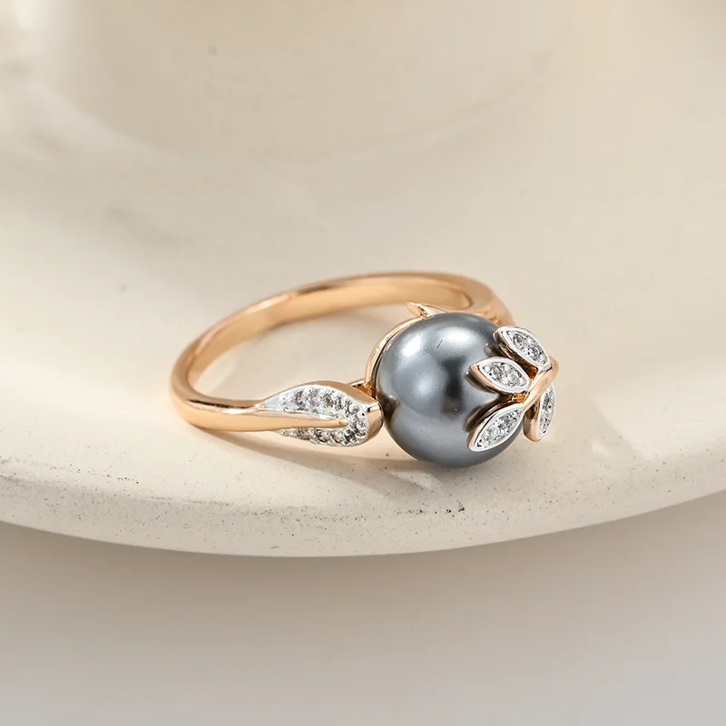 Wbmqda Grey Pearl Women's Rings 585 Rose Gold Color Luxury Wedding Zircon Jewelry Gifts