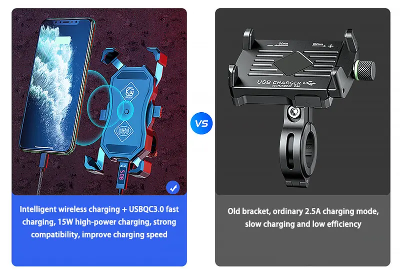 2022 Upgraded Motorcycle Phone Holder 15W Wireless Charger USB QC3.0 Fast Charging Bike Smartphone Stand 360 Cellphone Support